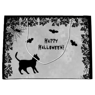Grand Sac Cadeau Chat noir avec chauve-souris, Joyeux Halloween!