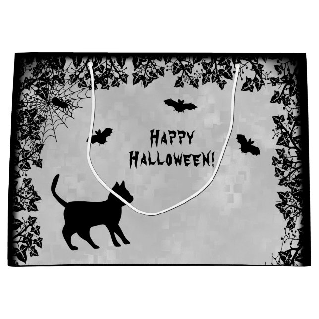 Grand Sac Cadeau Chat noir avec chauve-souris, Joyeux Halloween! (Devant)