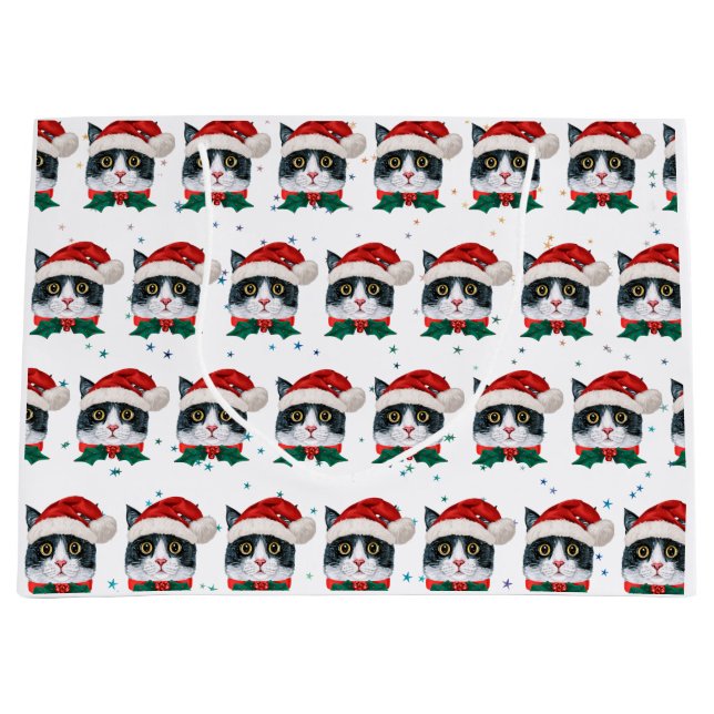 Grand Sac Cadeau Chat noir et blanc mignon avec chapeau de Noël (Devant)