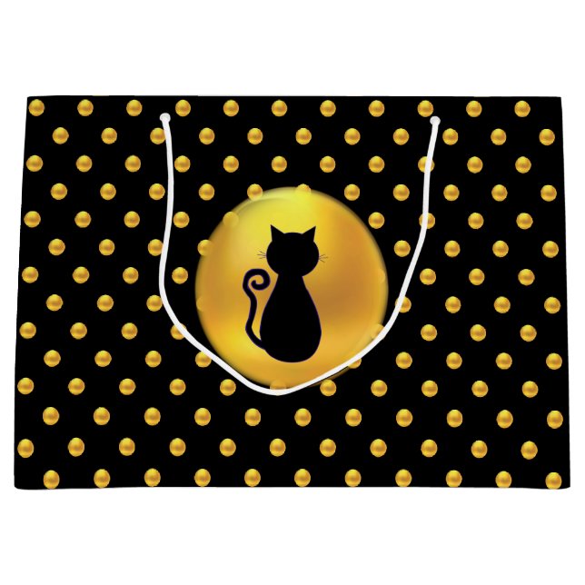 Grand Sac Cadeau Chat noir et Pois d'or (Devant)