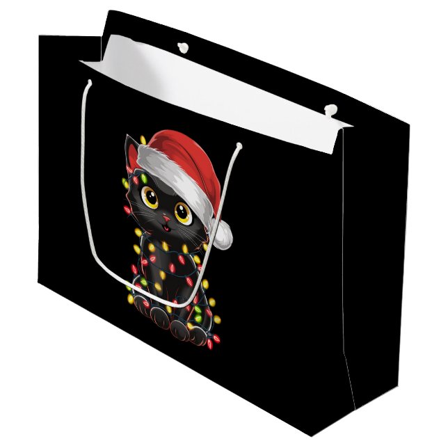 Grand Sac Cadeau Chat noir lumières d'arbre de Noël chaton drôle Pè (Devant Angle)