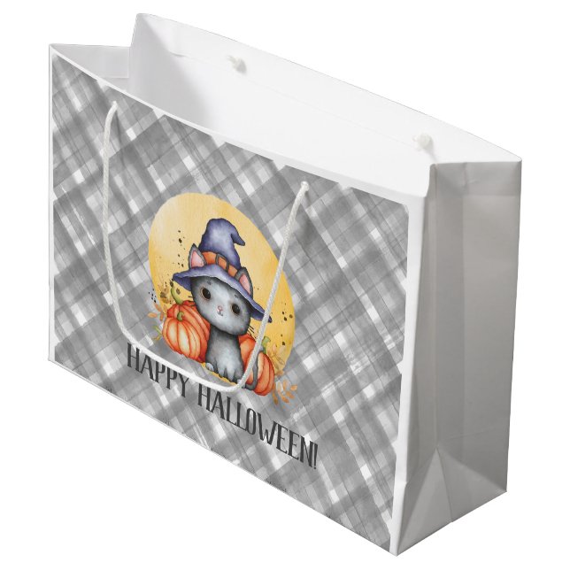 Grand Sac Cadeau Chat noir Whimsical Happy Halloween (Devant Angle)