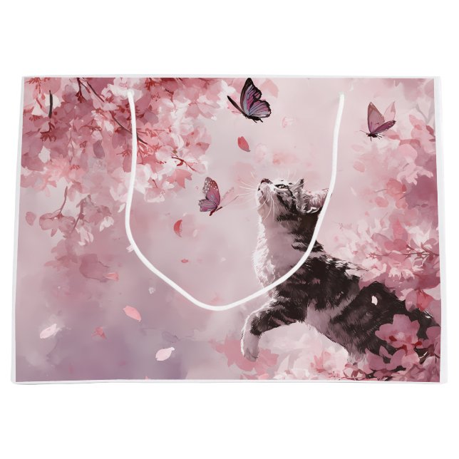 Grand Sac Cadeau Chat Sakura et Papillons (7) (Devant)