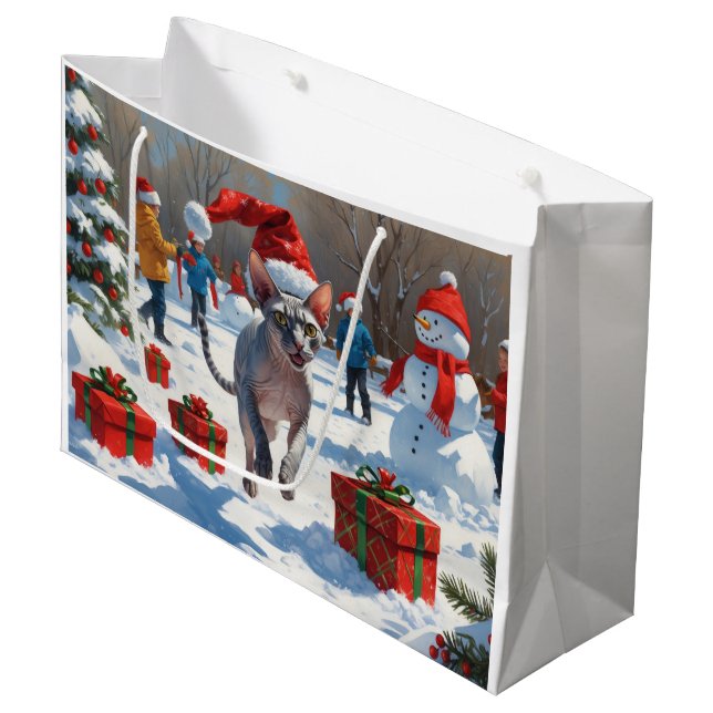 Grand Sac Cadeau Chat Sphynx coule dans la neige avec Casquette de  (Devant Angle)