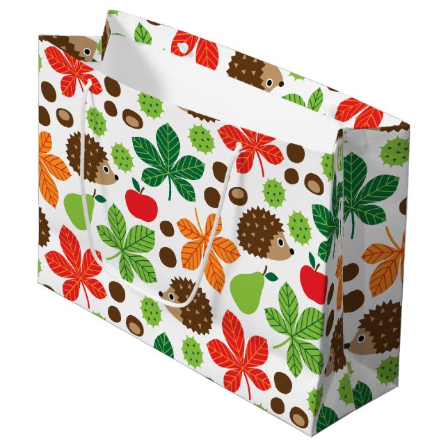 Grand Sac Cadeau Châtaignes et hérissons Motif sans couture (Devant Angle)
