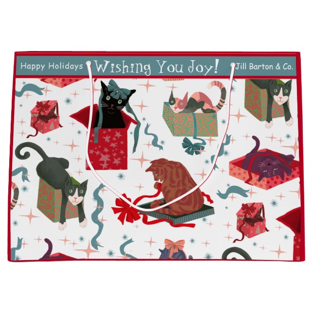Grand Sac Cadeau Chats amusants et boîtes de Noël Blanc Personnalis (Devant)