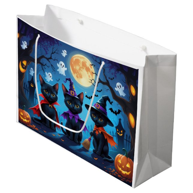 Grand Sac Cadeau Chats noirs Citrouille Halloween drôle (Devant Angle)