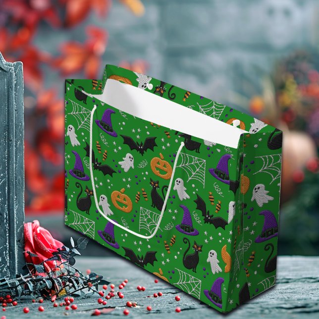 Grand Sac Cadeau Chats noirs Fantômes chauves-souris Motif vert Hal (Créateur téléchargé)