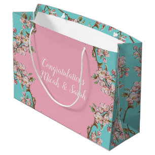 Grand Sac Cadeau Cherry Blossom Turquoise Baby shower Vintage rétro