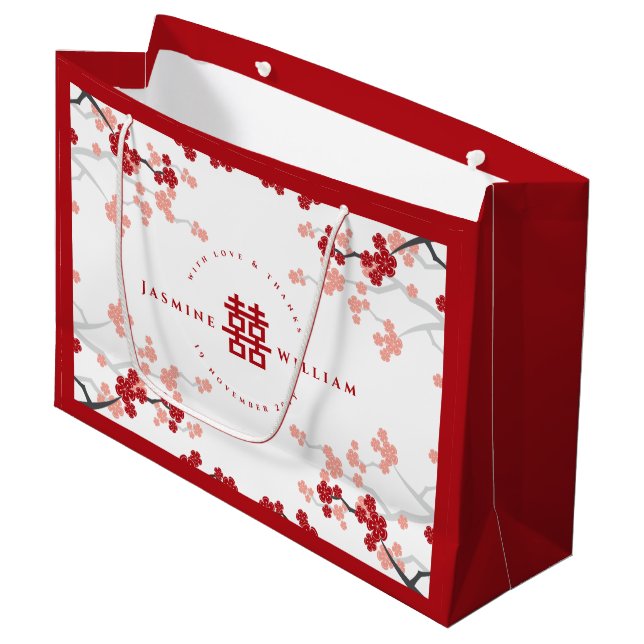 Grand Sac Cadeau Cherry Blossoms & Double Bonheur Mariage chinois (Devant Angle)