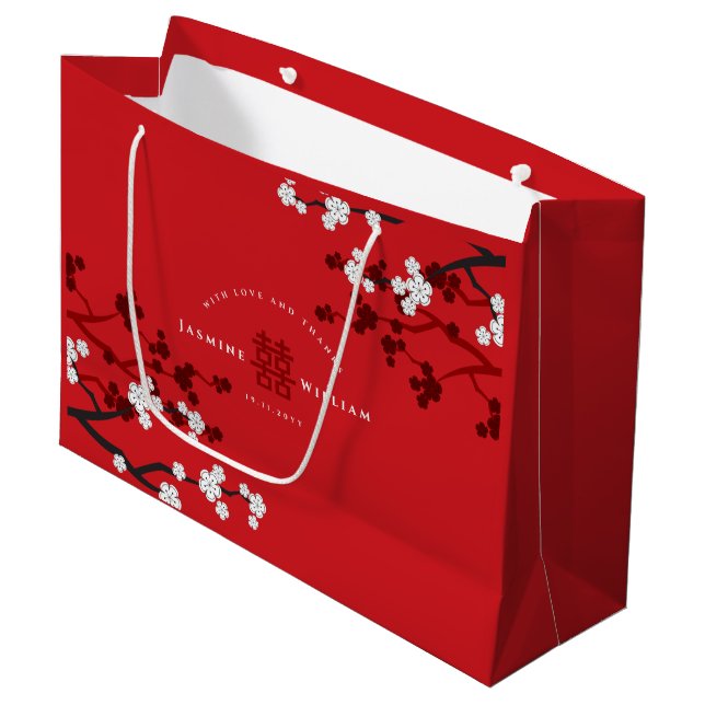 Grand Sac Cadeau Cherry Blossoms & Double Bonheur Mariage chinois (Devant Angle)