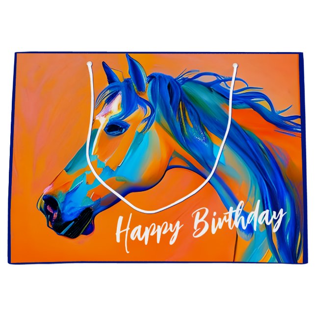 Grand Sac Cadeau Cheval Abstrait bleu et orange Joyeux anniversaire (Devant)