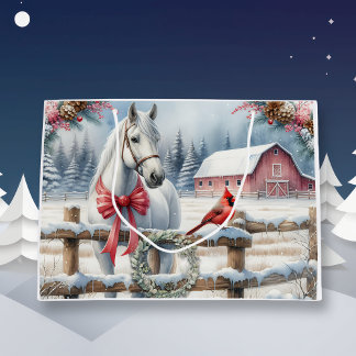 Grand Sac Cadeau Cheval de Noël blanc et cardinal