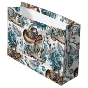 Grand Sac Cadeau Cheval fille cowgirl motif floral turquoise