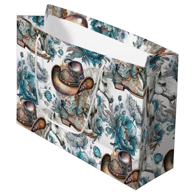 Grand Sac Cadeau Cheval fille cowgirl motif floral turquoise (Devant Angle)