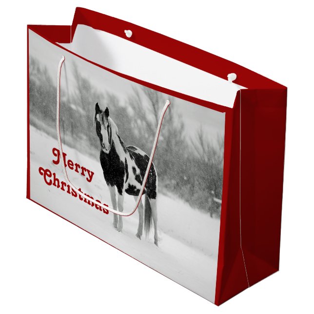 Grand Sac Cadeau Cheval noir et blanc Photo neige Noël (Devant Angle)