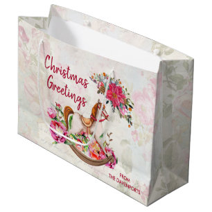 Grand Sac Cadeau Cheval rocheux victorien et Poinsettia Noël