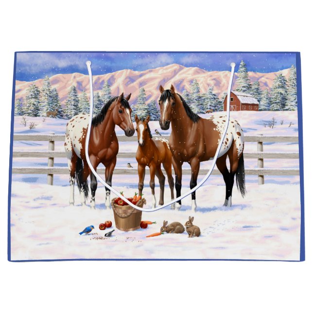 Grand Sac Cadeau Chevaux Appaloosa De Baie Brown En Neige (Devant)