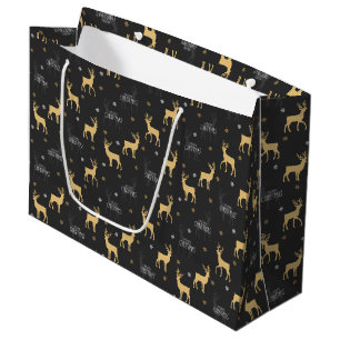 Grand Sac Cadeau Chic Black Gold Reindeer Joyeux Noël