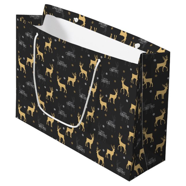 Grand Sac Cadeau Chic Black Gold Reindeer Joyeux Noël (Devant Angle)