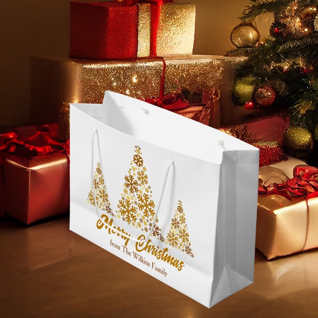 Grand Sac Cadeau Chic Gold Snowflakes Arbre de Noël Personnalisé (Créateur téléchargé)