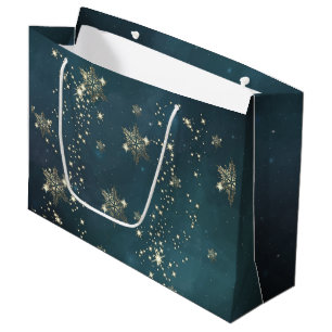 Grand Sac Cadeau Chic Gold Snowflakes Green