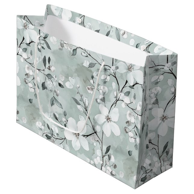 Grand Sac Cadeau Chic Gris Blanc Bleu Floral Shower de Mariage (Devant Angle)