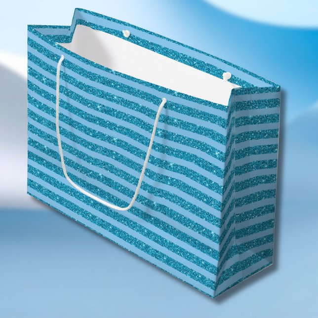 Grand Sac Cadeau Chic Ocean Blue Glitter Style Horizontal Stripes (Créateur téléchargé)