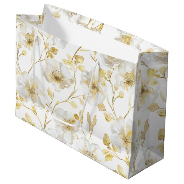Grand Sac Cadeau Chic Romantique Or Blanc Fleur Mariage (Devant Angle)