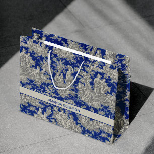 Grand Sac Cadeau Chic vintage bleu foncé toile de jouy