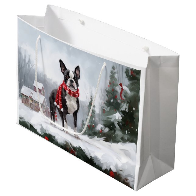 Grand Sac Cadeau Chien de Boston Terrier pendant Noël de neige (Devant Angle)