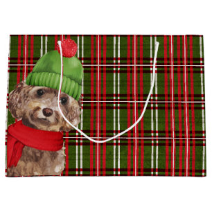 Grand Sac Cadeau Chien de Cockapo Brown à Noël Plaid