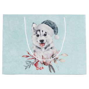 Grand Sac Cadeau Chien de Noël Husky dans un chapeau de Père Noël