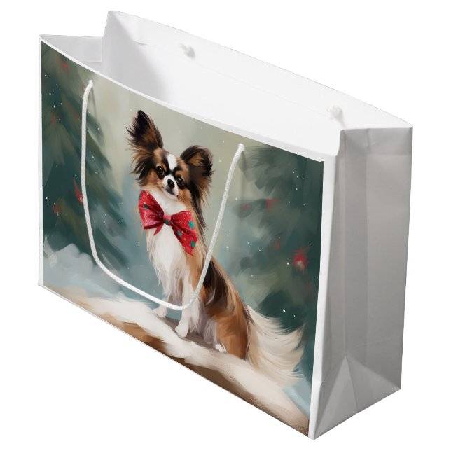 Grand Sac Cadeau Chien de Papillon à Noël de neige (Devant Angle)