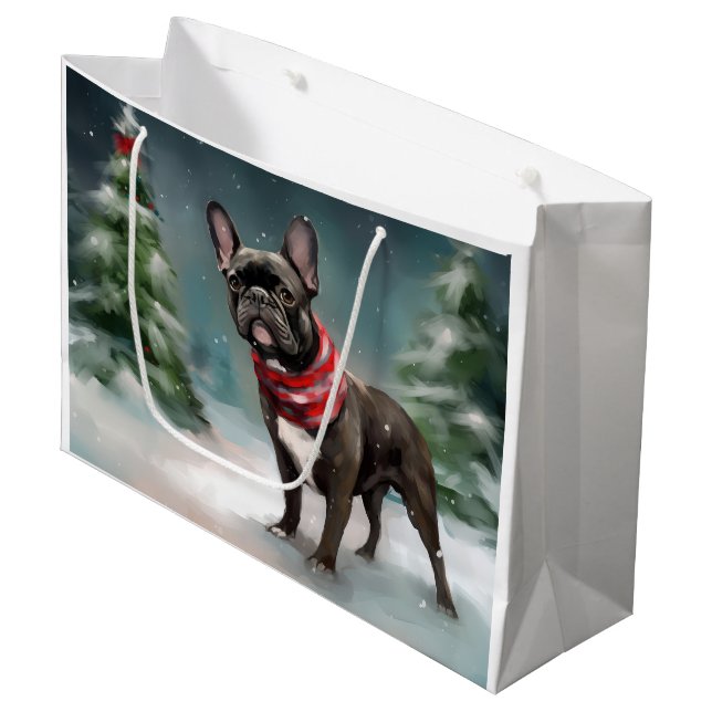 Grand Sac Cadeau Chien de taureau français à Noël de neige (Devant Angle)