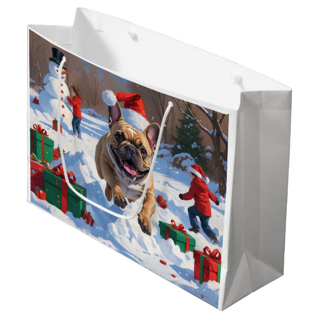 Grand Sac Cadeau Chien de taureau français coule en neige avec Casq (Devant Angle)