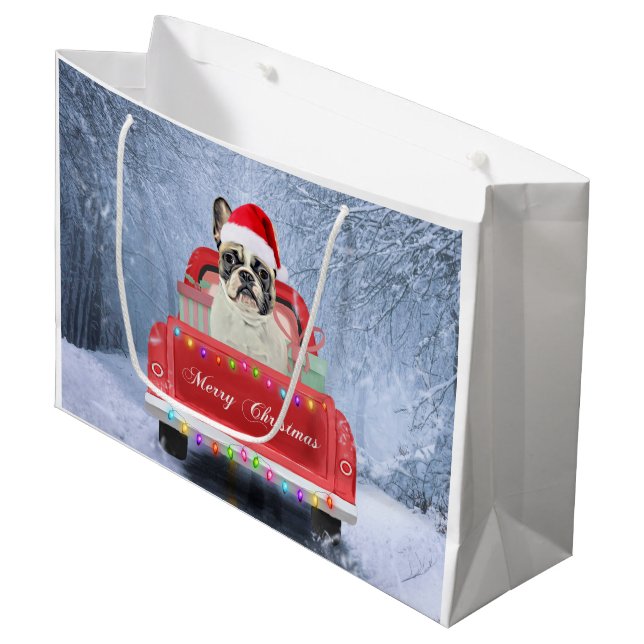Grand Sac Cadeau Chien de taureau français en neige assis à Noël (Devant Angle)