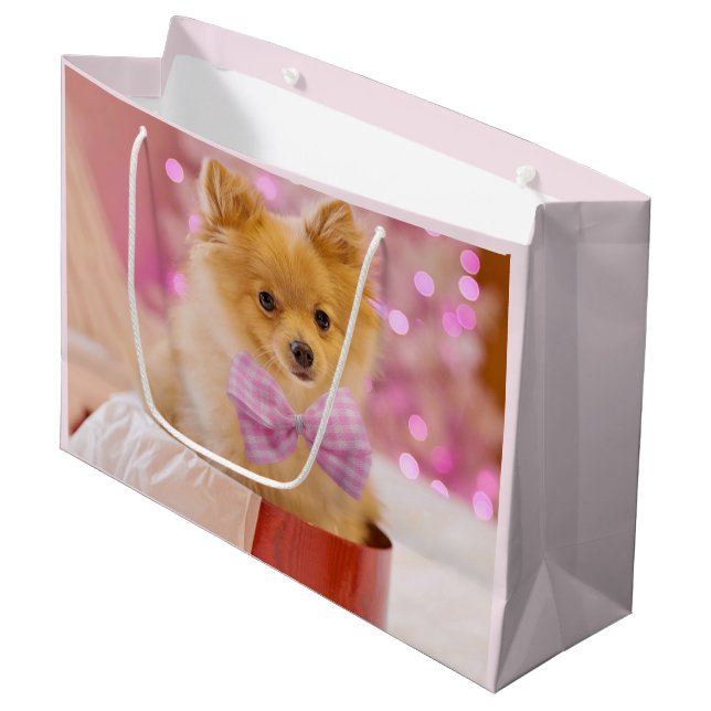 Grand Sac Cadeau Chien mignon avec cabot rose Photo de Noël (Devant Angle)