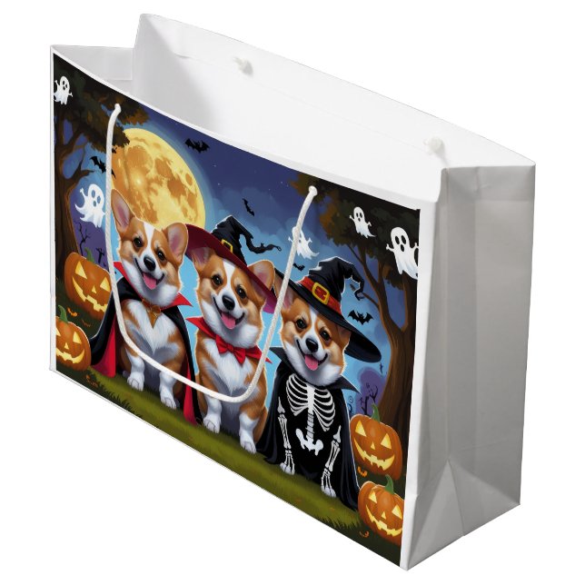 Grand Sac Cadeau Chiens de Corgi Citrouille Halloween Funny (Devant Angle)