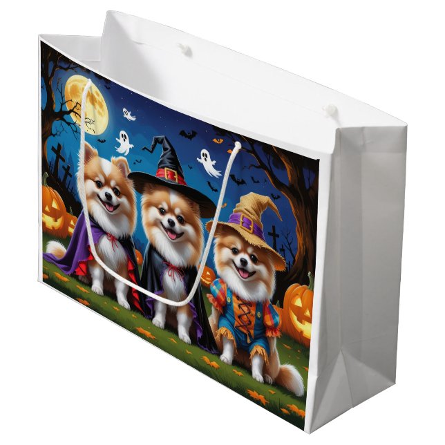 Grand Sac Cadeau Chiens de Poméranie Citrouille Halloween Funny (Devant Angle)
