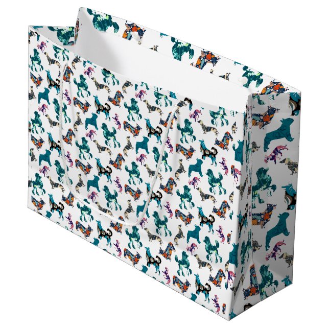 Grand Sac Cadeau Chiens floraux (Devant Angle)