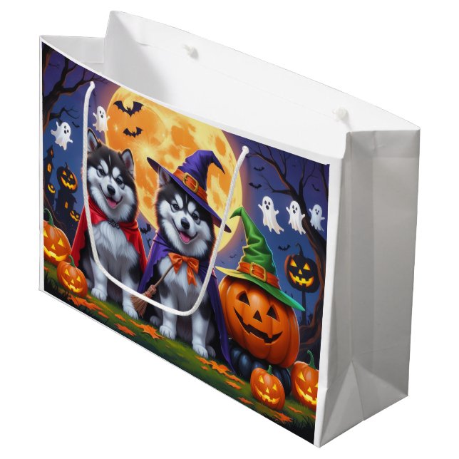 Grand Sac Cadeau Chiens malamuts de l'Alaska Citrouille Halloween d (Devant Angle)