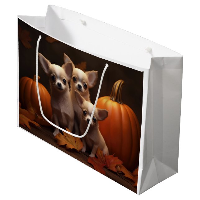 Grand Sac Cadeau Chihuahua Chiot Automne Citrouille de plaisir (Devant Angle)