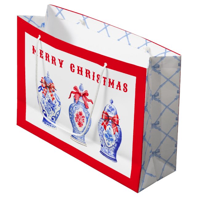 Grand Sac Cadeau Chinoiserie Ginger Jar Avec Bow Rouge | Noël (Devant Angle)