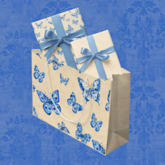 Grand Sac Cadeau Chinoiserie Rétro Papillons bleus Blush Ivor