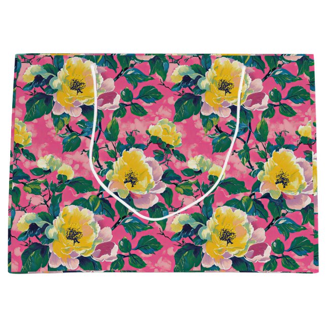 Grand Sac Cadeau Chinoiserie rose peint Floral (Devant)