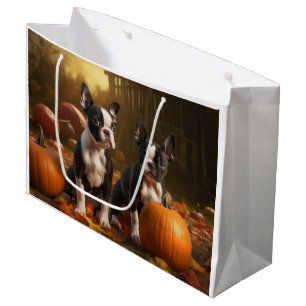 Grand Sac Cadeau Chiots Boston Terrier Délice d'Automne Citrouille