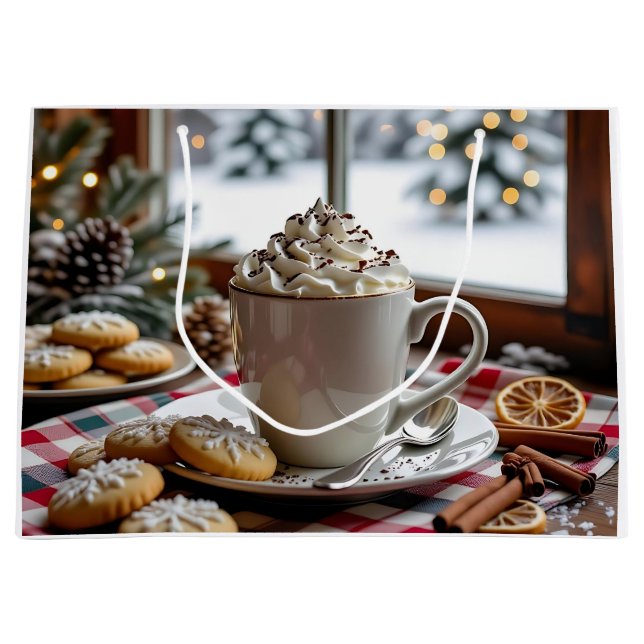Grand Sac Cadeau Chocolat chaud et biscuits à sucre Noël festif (Devant)