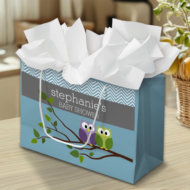Grand Sac Cadeau Chouette mignonne en Branche - Bleu bébé garçon do (Custom Gift Bag)