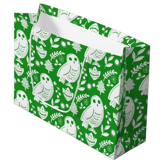 Grand Sac Cadeau Chouette sage Art Populaire Vert Vacances (Devant Angle)